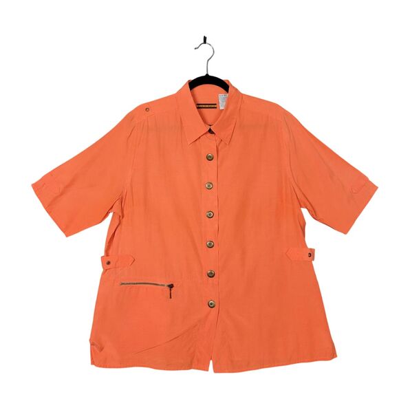 ALAIN WEIZ Orange Silk Blend Short Sleeve Epaulet Collared Button Up Top SIZE 16 - Picture 1 of 12
